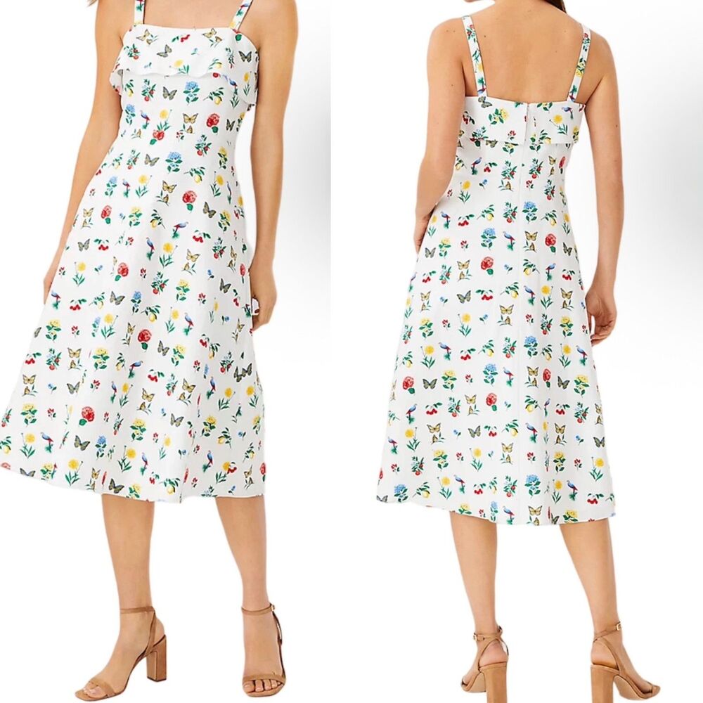 ANN TAYLOR Botanical Print White Floral Linen Blend Midi Sundress Womens 0